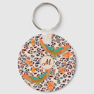 Fashionable leopard print, birds of Paradise Key Ring