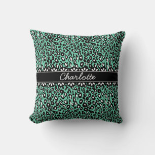 Fashionable Mint Leopard Print and Lace Cushion