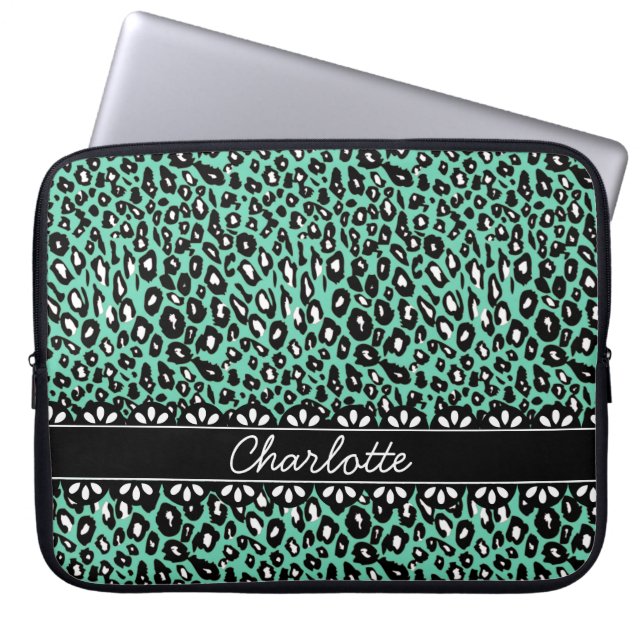 Fashionable Mint Leopard Print and Lace Laptop Sleeve (Front)