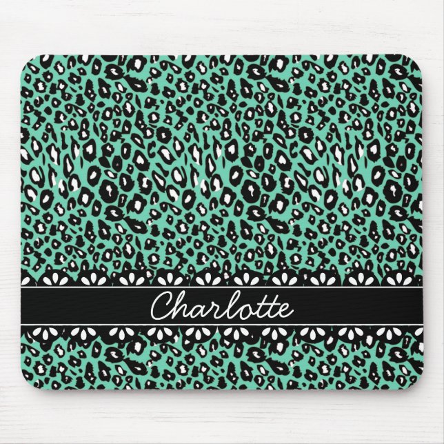Fashionable Mint Leopard Print and Lace Mouse Mat (Front)