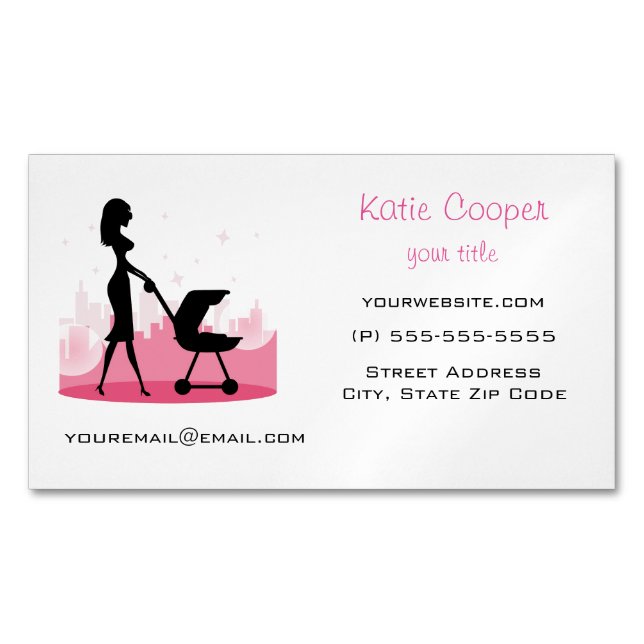 Fashionable Mummy Pushing Baby Carriage Magnetic Business Card (Front)