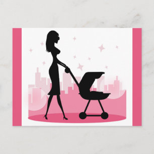 Fashionable Mummy Pushing Baby Carriage Postcard