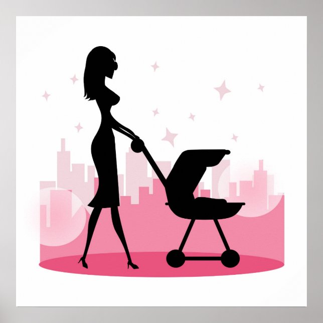 Fashionable Mummy Pushing Baby Carriage Poster (Front)