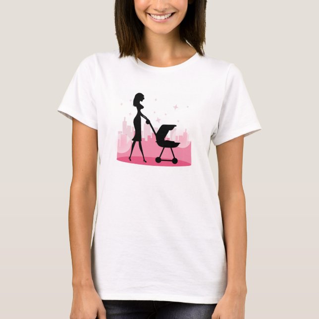 Fashionable Mummy Pushing Baby Carriage T-Shirt (Front)