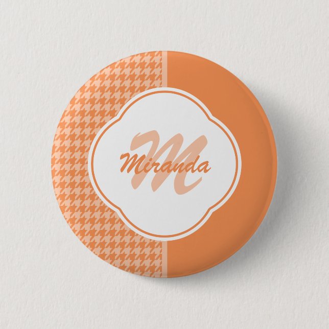 Fashionable Orange Houndstooth Monogram and Name 6 Cm Round Badge (Front)