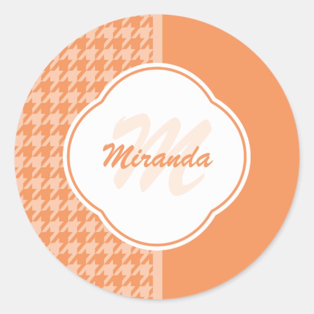 Fashionable Orange Houndstooth Monogram and Name Classic Round Sticker (Front)