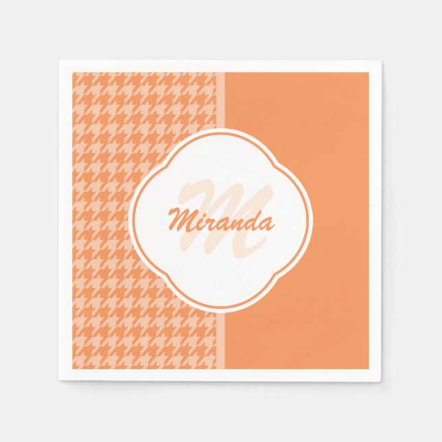 Fashionable Orange Houndstooth Monogram and Name Napkin (Front)