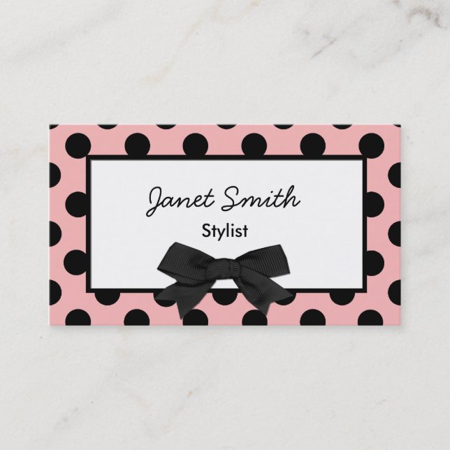 Fashionable Pink and Black Polka Dot Business Card (Front)