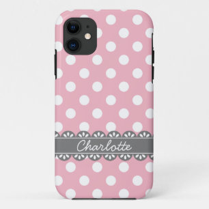Fashionable Pink Polka Dots and Grey Lace iPhone 11 Case