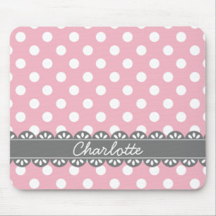Fashionable Pink Polka Dots and Grey Lace Mouse Mat