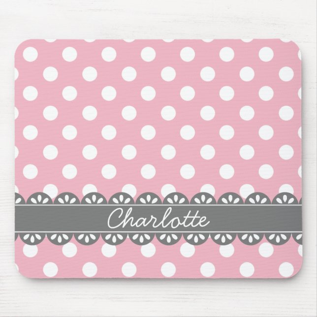 Fashionable Pink Polka Dots and Grey Lace Mouse Mat (Front)