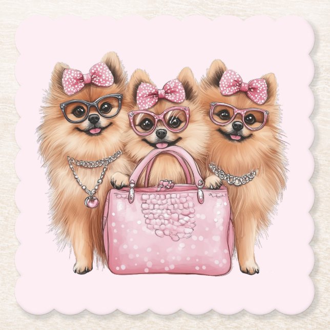 Fashionable Pomeranian Dogs Pink Purse Paper Coaster (Front)