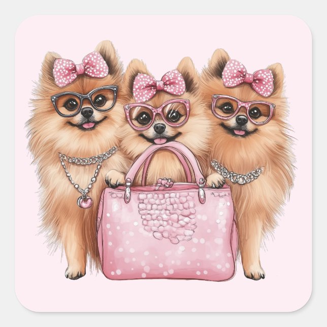 Fashionable Pomeranian Dogs Pink Purse Square Sticker (Front)