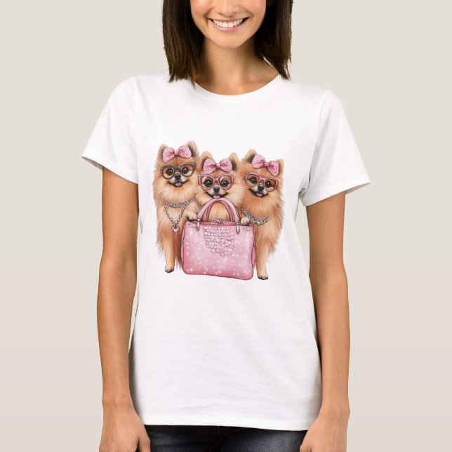 Fashionable Pomeranian Dogs Pink Purse T-Shirt (Front)