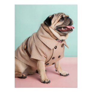 Fashionable Pug Dog Wearing Vintage 1940s Style Poster