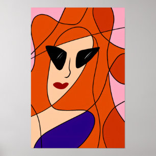 Fashionable Redhead - Pink and Orange Line Drawing Poster