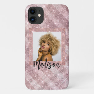 Fashionable Rose Gold Glitter Photo Name Stylish iPhone 11 Case