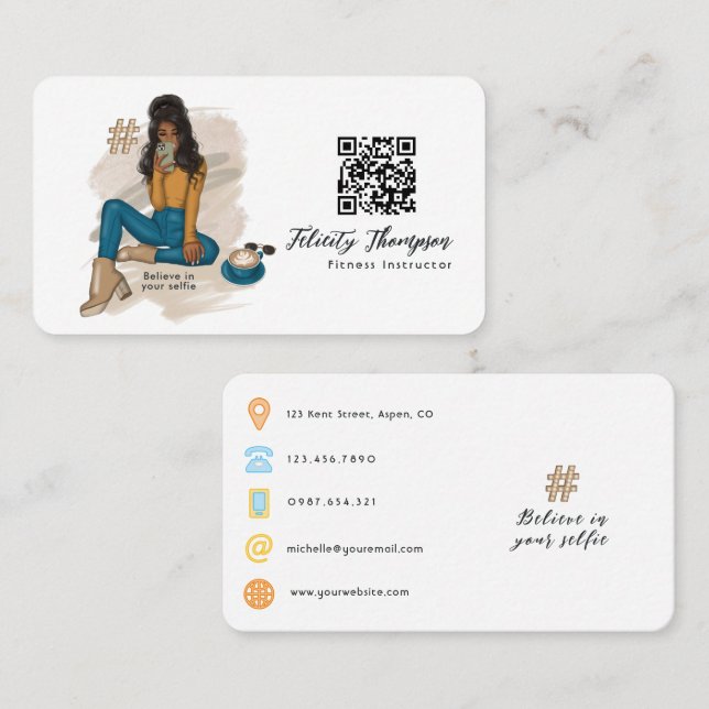 Fashionable Selfie Girl QR Code Business Card (Front/Back)