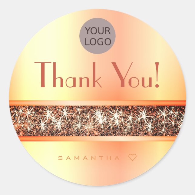 Fashionable Shimmery Orange Glitter Thank You Text Classic Round Sticker (Front)