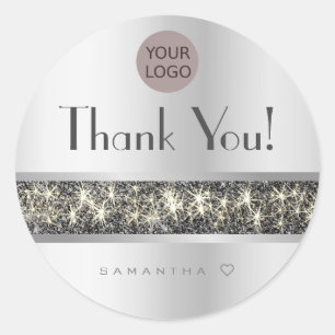 Fashionable Shimmery Silver Glitter Thank You Text Classic Round Sticker