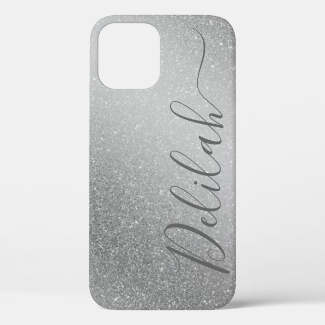 Fashionable Silver Glitter Grey Calligraphy Name Case-Mate iPhone Case (Back)