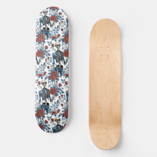 Fashionable Skeletons in Jean jacket with Roses Skateboard