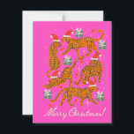 Fashionable tiger with red lips and christmas hats holiday card<br><div class="desc">Fashionable leopards with red lips and christmas hat greetings card in fuchsia pink background</div>