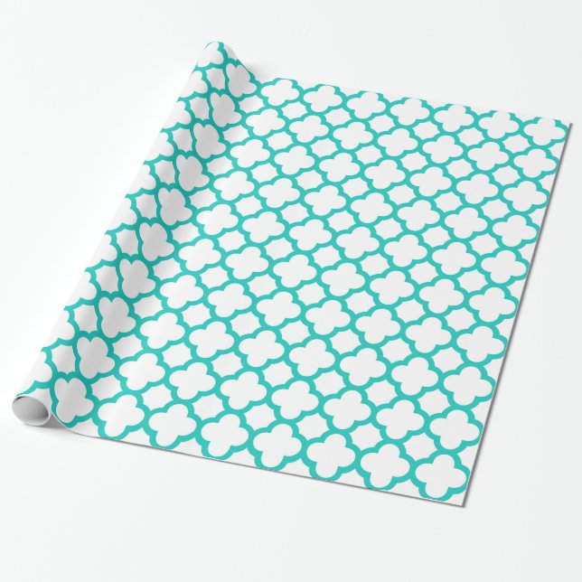 Fashionable Turquoise White Quatrefoil Pattern Wrapping Paper (Unrolled)