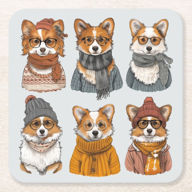 Fashionable Welsh Corgi Dogs Square Paper Coaster (Front)