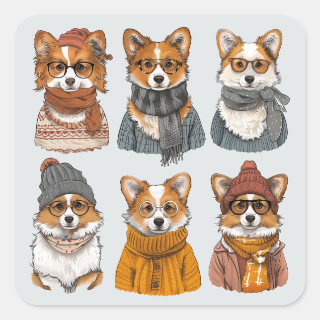 Fashionable Welsh Corgi Dogs Square Sticker (Front)