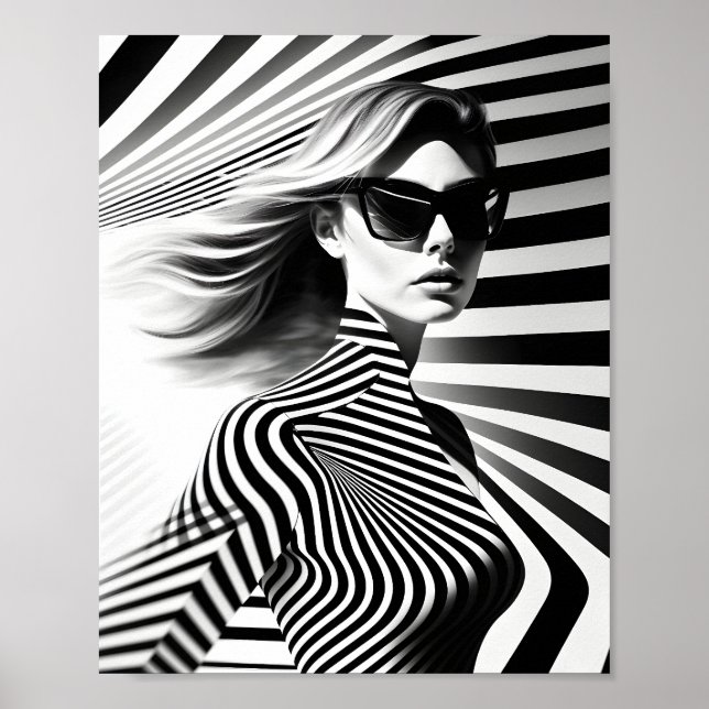 Fashionable Woman Optical Illusion Black And White Poster (Front)