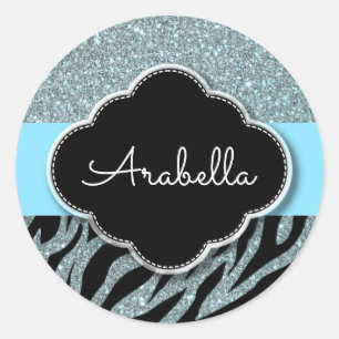 Fashionable Zebra Pattern Blue Black Silver Name Classic Round Sticker