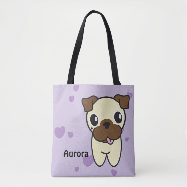 Fashionably Cute Aurora the Pug Purple Heart Tote Bag (Front)