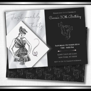 Fashionably Thirty Black Silver 30th Birthday Invitation