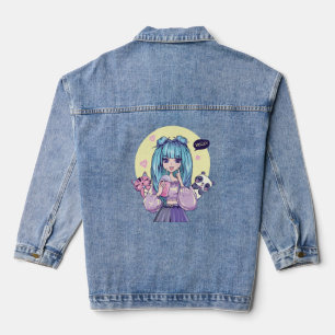 Fashionista: Blue-Haired Girl with Panda and Cat Denim Jacket