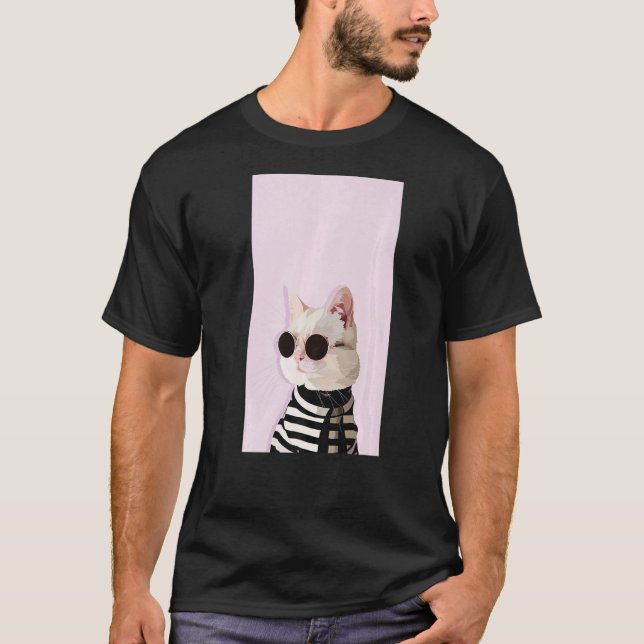 Fashionista Cat  Cute Cool Kitty Kitten Pink Black T-Shirt (Front)
