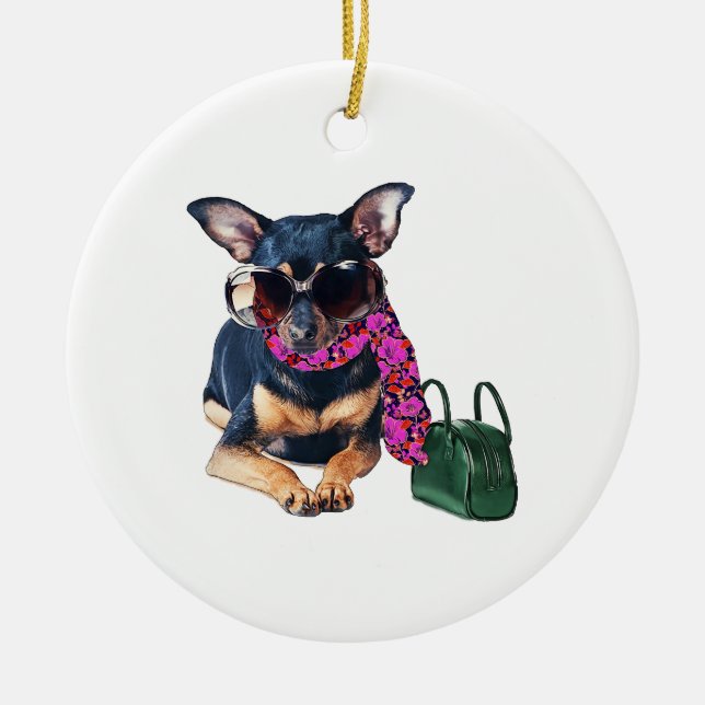 Fashionista Chihuahua Ceramic Tree Decoration (Front)