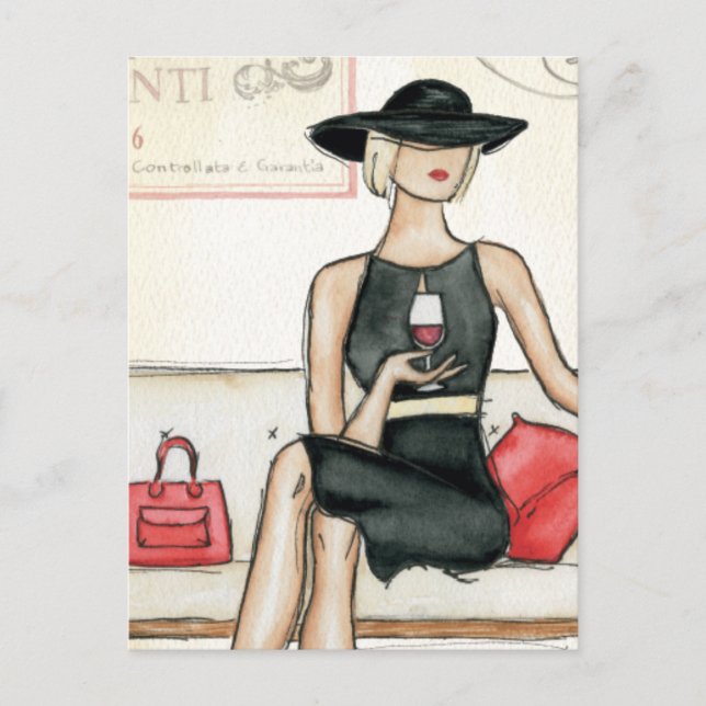 Fashionista Drinking Wine Postcard (Front)