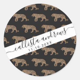 Fashionista Gold Black Glitter Tiger Pattern Classic Round Sticker