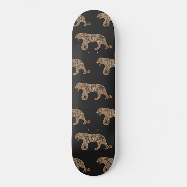 Fashionista Gold Black Glitter Tiger Pattern Skateboard (Front)