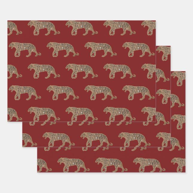 Fashionista Gold Black Red Glitter Tiger Pattern Wrapping Paper Sheet (Set)