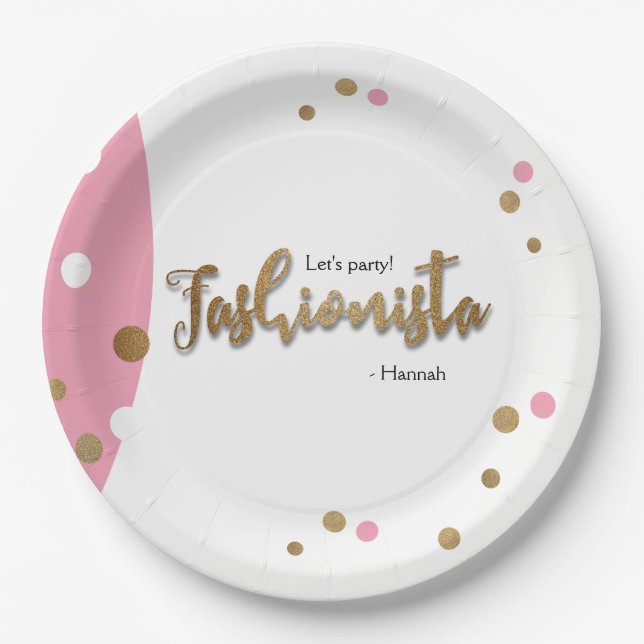 Fashionista Pink Gold confetti Birthday theme Paper Plate (Front)