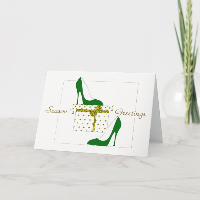 FASHIONISTAS CHRISTMAS  CARD, GREEN SHOE GREETINGS HOLIDAY CARD (Front)