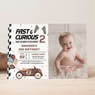 Fast And Curious 2nd Brown Race Car Birthday Party Invitation