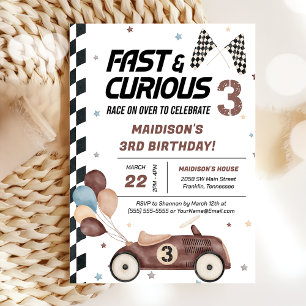 Fast And Curious Brown Race Car 3rd Birthday Party Invitation