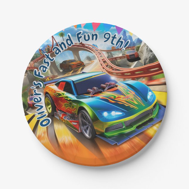 Fast and Fun Birthday, Hot cars Birthday. Paper Plate (Front)