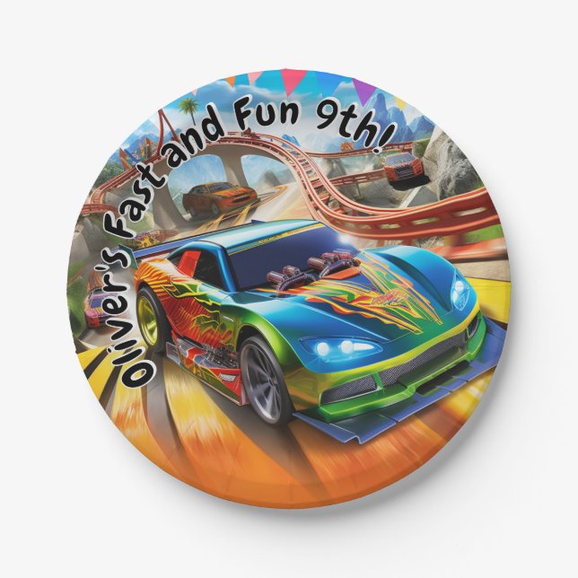 Fast and Fun Birthday, Race cars Birthday Paper Plate (Front)