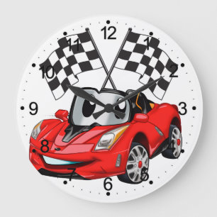 Fast car cartoon flag race - Choose back color Large Clock