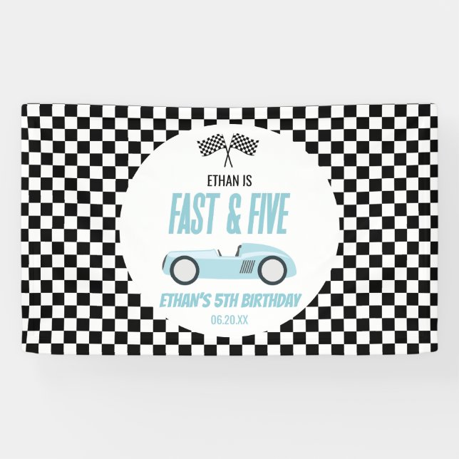 Fast & Five Blue Race Car 5th Birthday Party Banner (Horizontal)