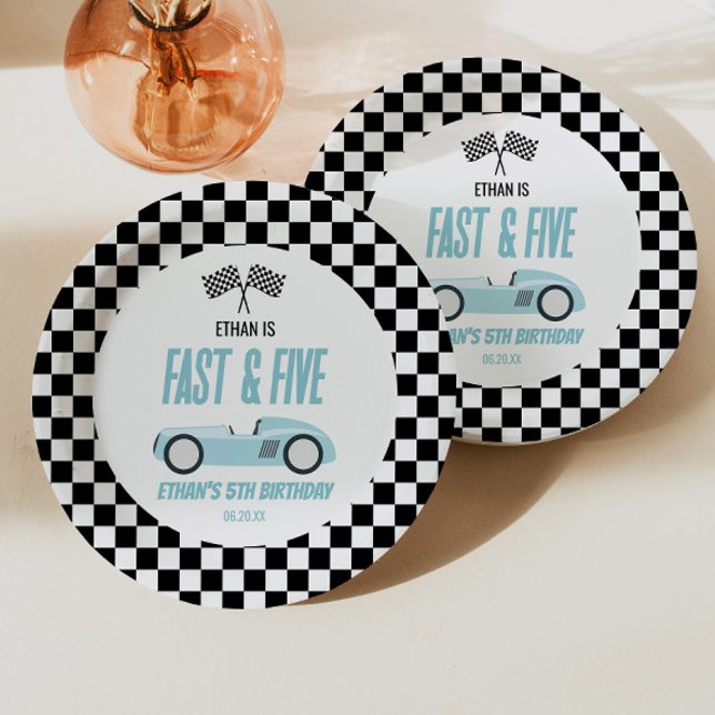 Fast & Five Blue Race Car 5th Birthday Party Paper Plate (Creator Uploaded)
